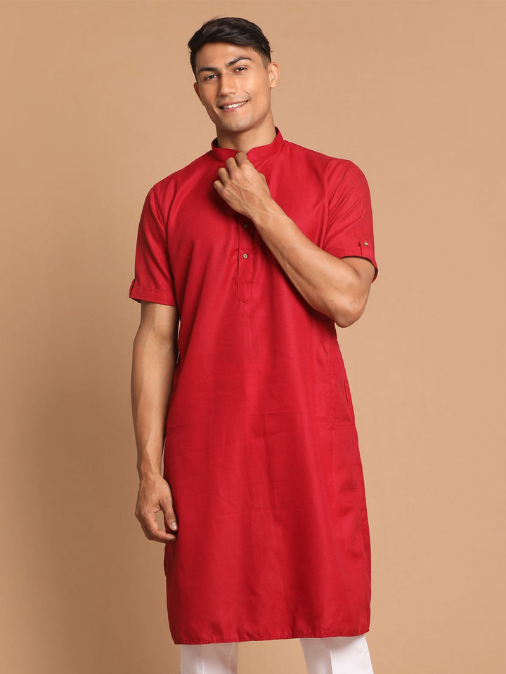 Men's Maroon Solid Kurta