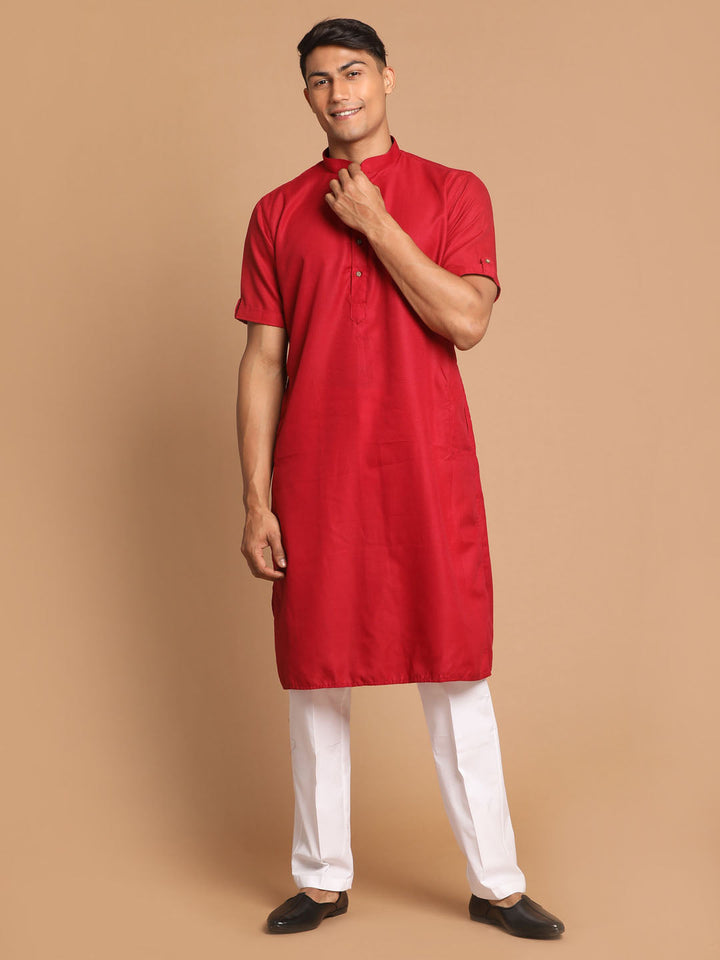 Sarvati Men's Maroon Solid Kurta with White  Pyjama Set