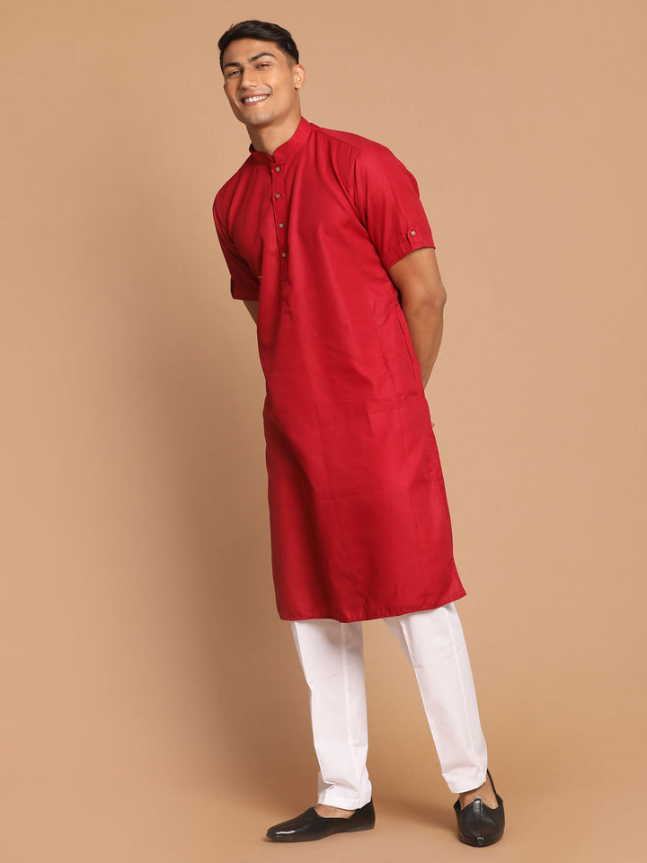 Sarvati Men's Maroon Solid Kurta with White  Pyjama Set