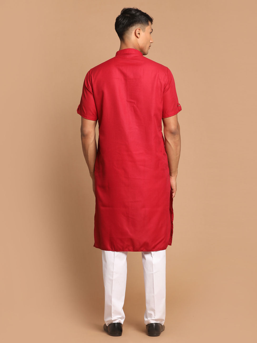 Sarvati Men's Maroon Solid Kurta with White  Pyjama Set