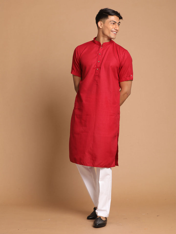 Sarvati Men's Maroon Solid Kurta with White  Pyjama Set