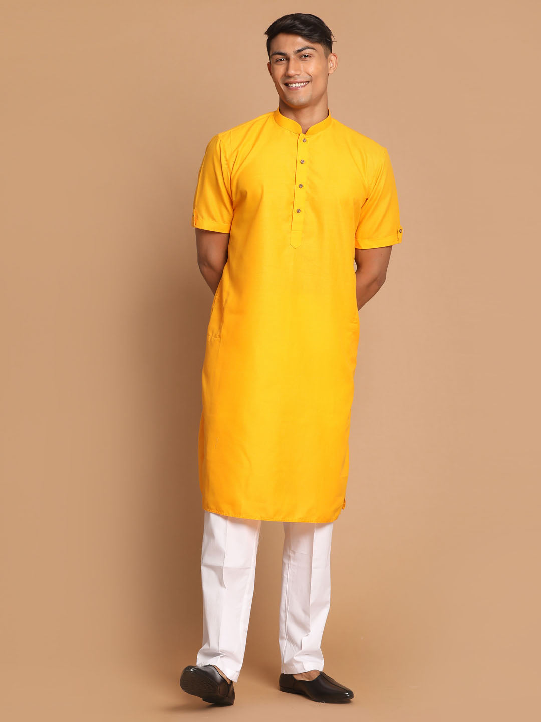 Sarvati Men's Mustard Kurta with White Pyjama Set