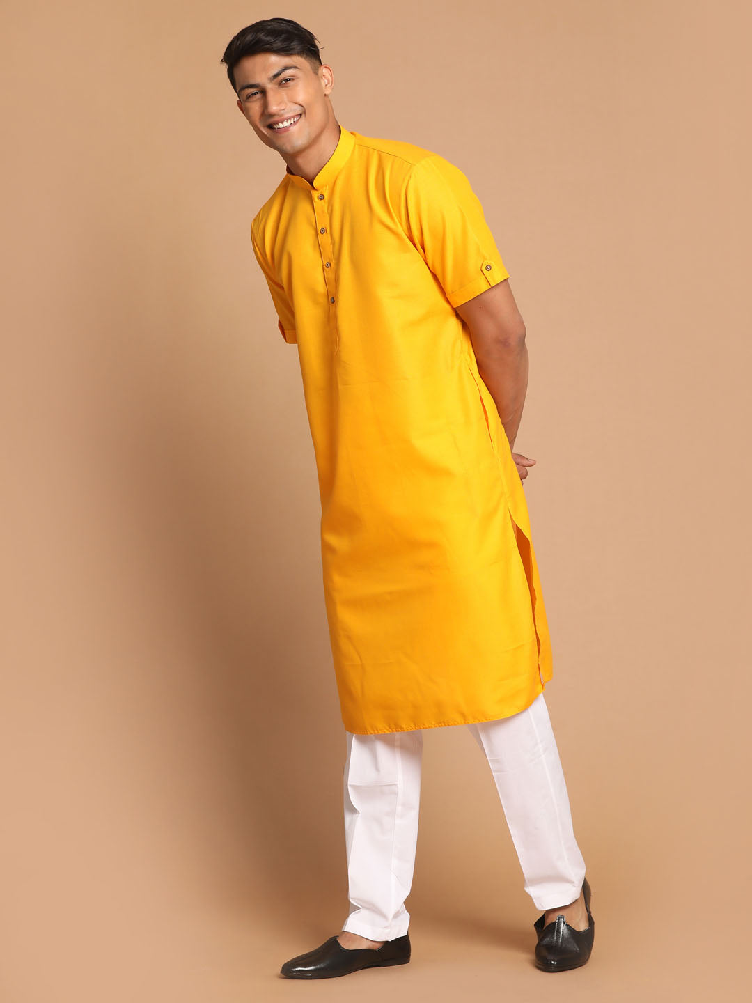 Sarvati Men's Mustard Kurta with White Pyjama Set