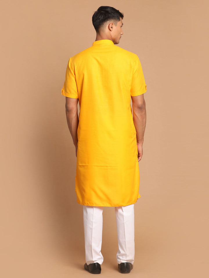 Sarvati Men's Mustard Kurta with White Pyjama Set