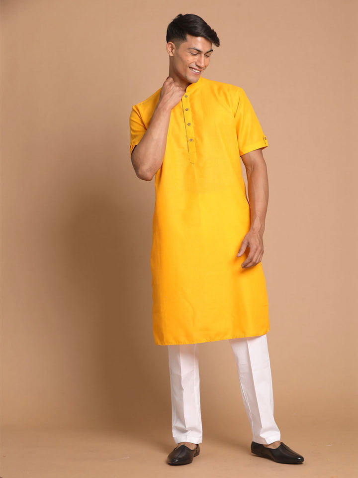 Sarvati Men's Mustard Kurta with White Pyjama Set