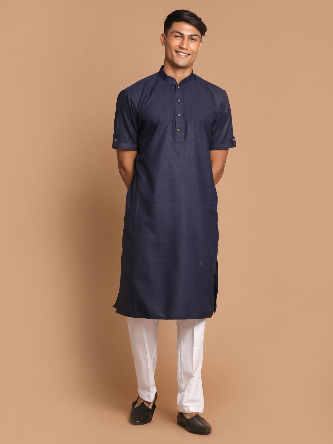 Sarvati Men's Navy Blue  Solid Kurta with White  Pyjama Set