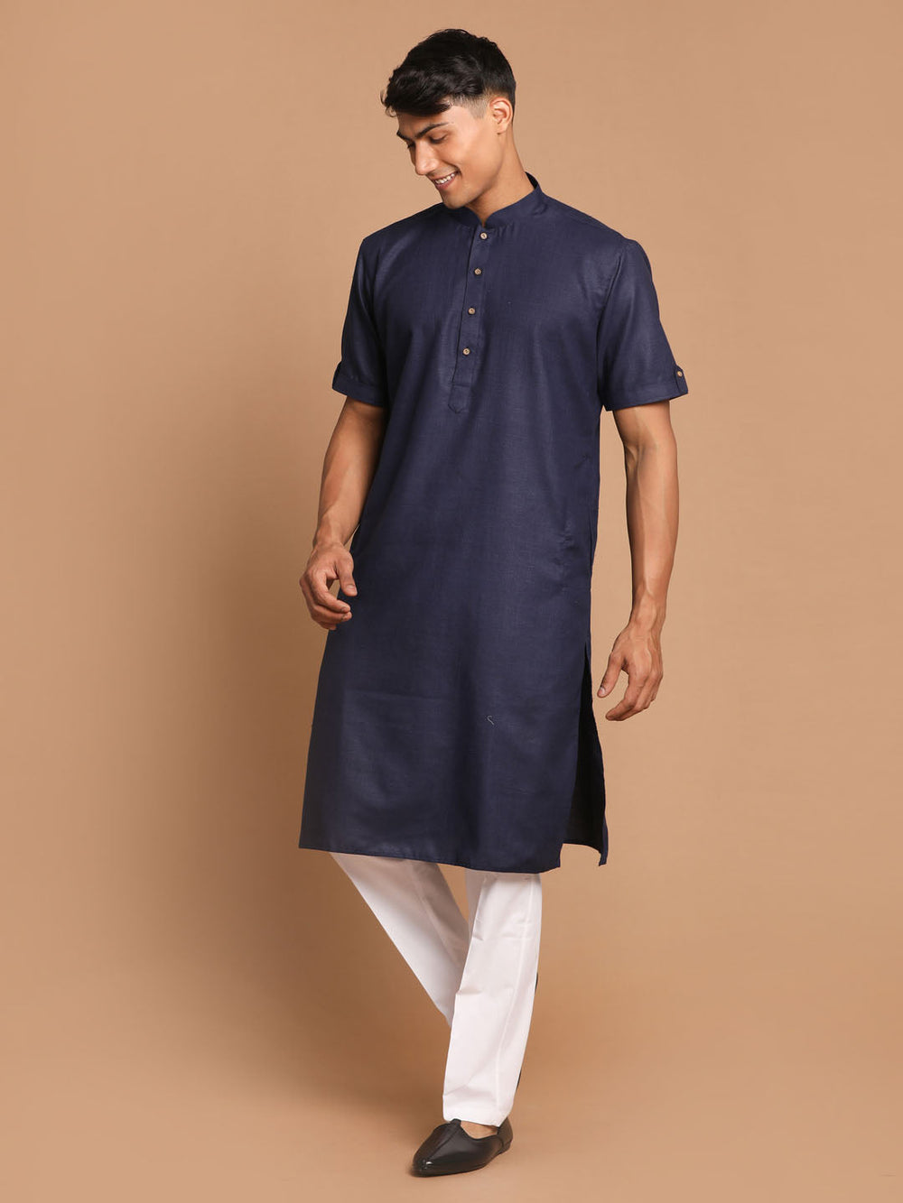 Sarvati Men's Navy Blue  Solid Kurta with White  Pyjama Set