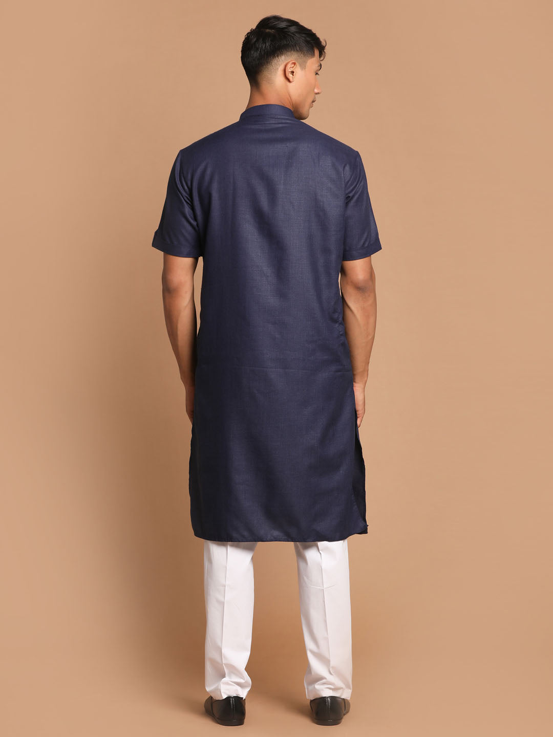 Sarvati Men's Navy Blue  Solid Kurta with White  Pyjama Set