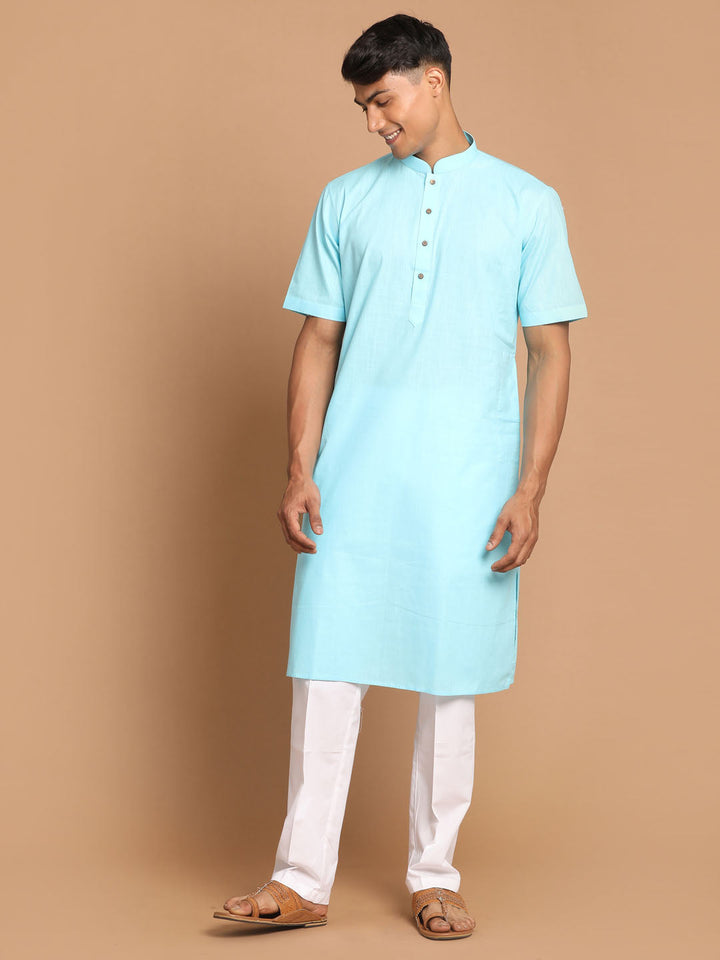 Sarvati Men's Blue  Solid Kurta with Pyjamas