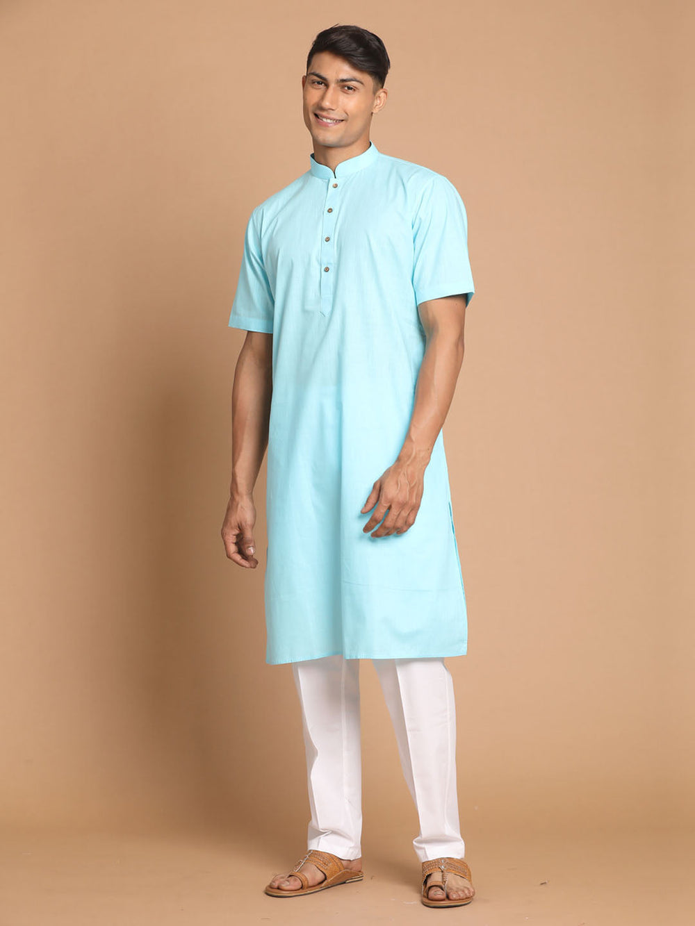 Sarvati Men's Aqua Blue Solid Kurta with White Pant style Cotton Pyjama Set