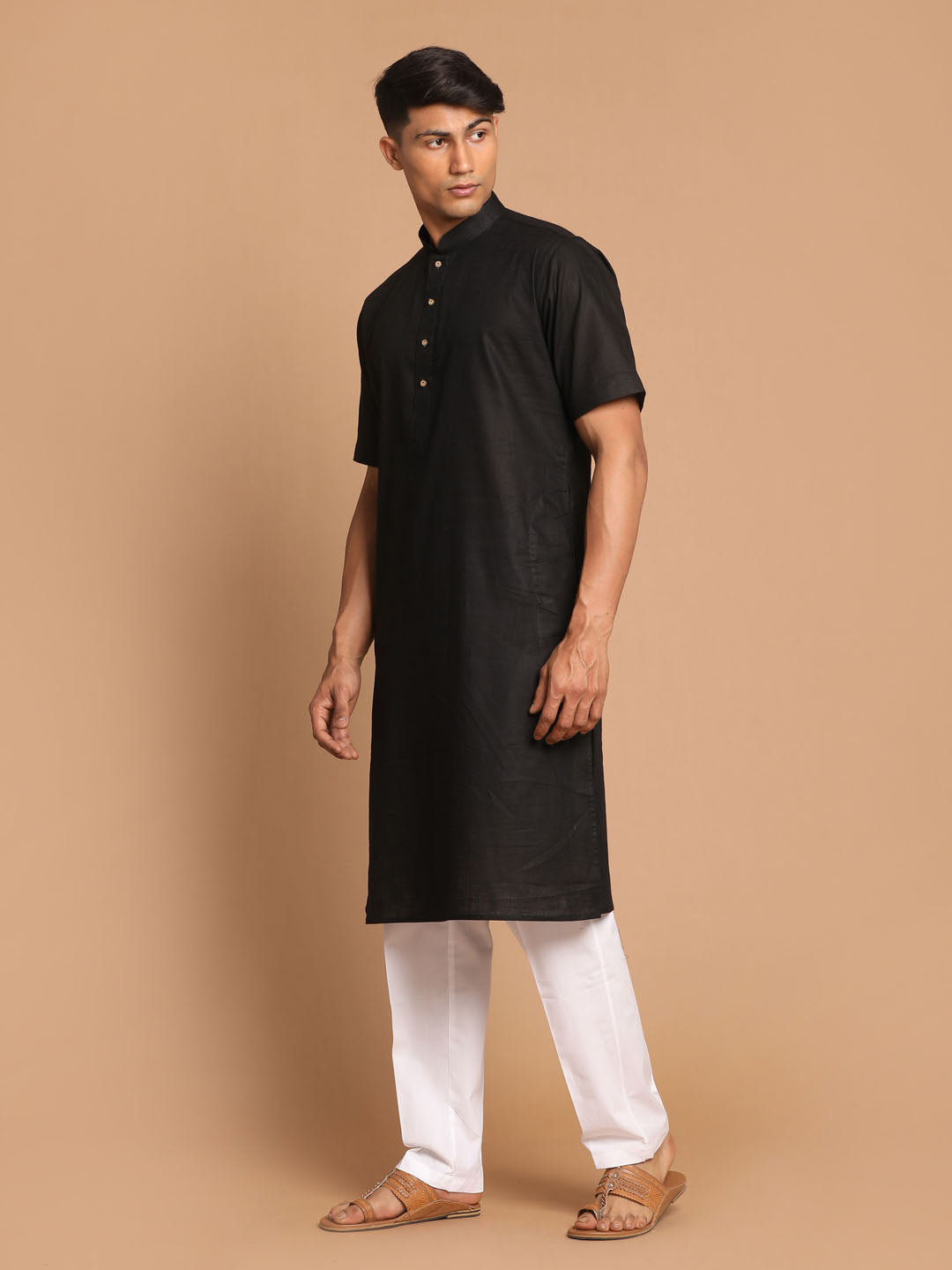 Sarvati Men's Black Solid Kurta with White Pant style Cotton Pyjama Set