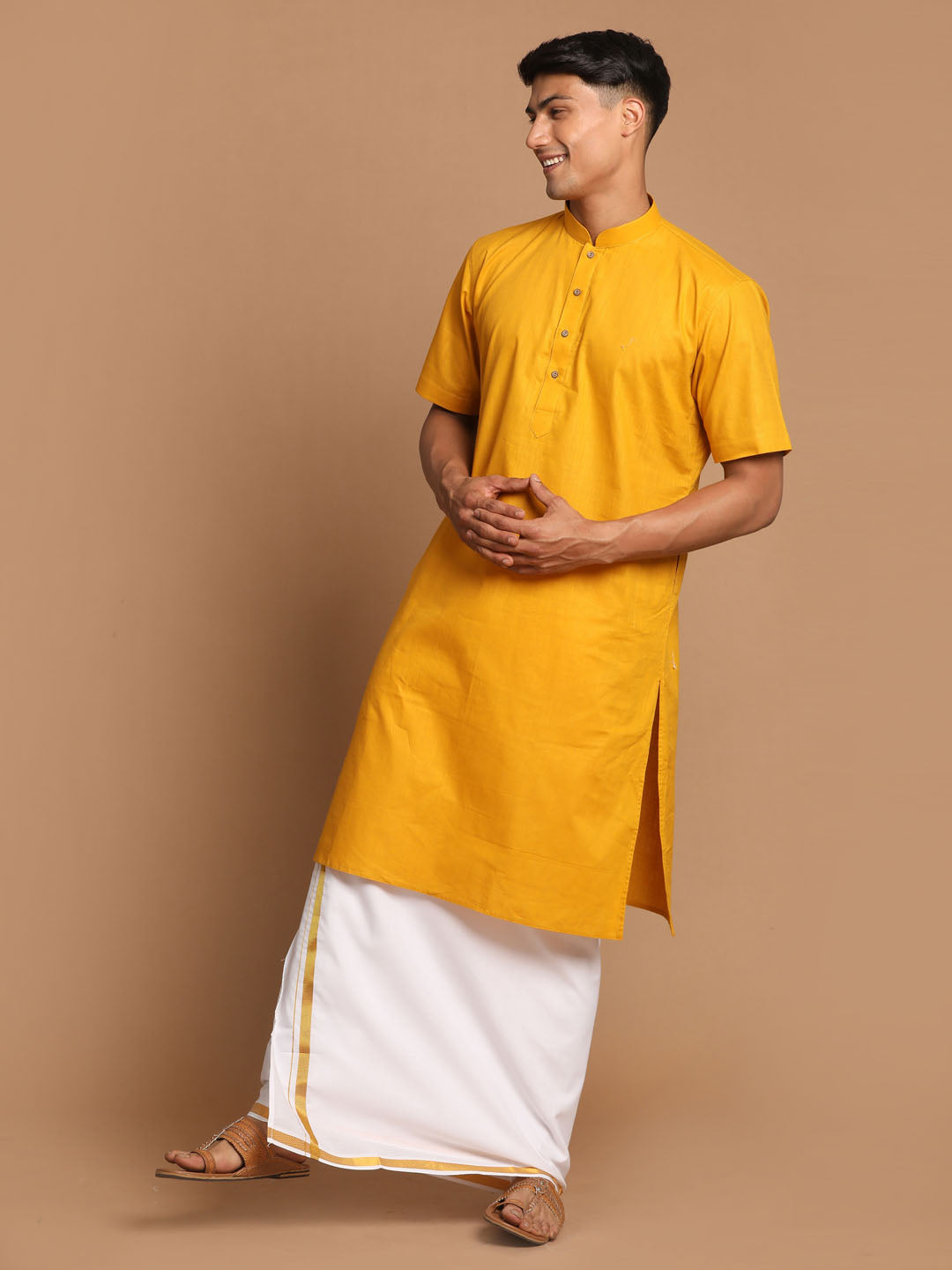 Sarvati Men's Mustard Cotton Kurta And Mundu Set