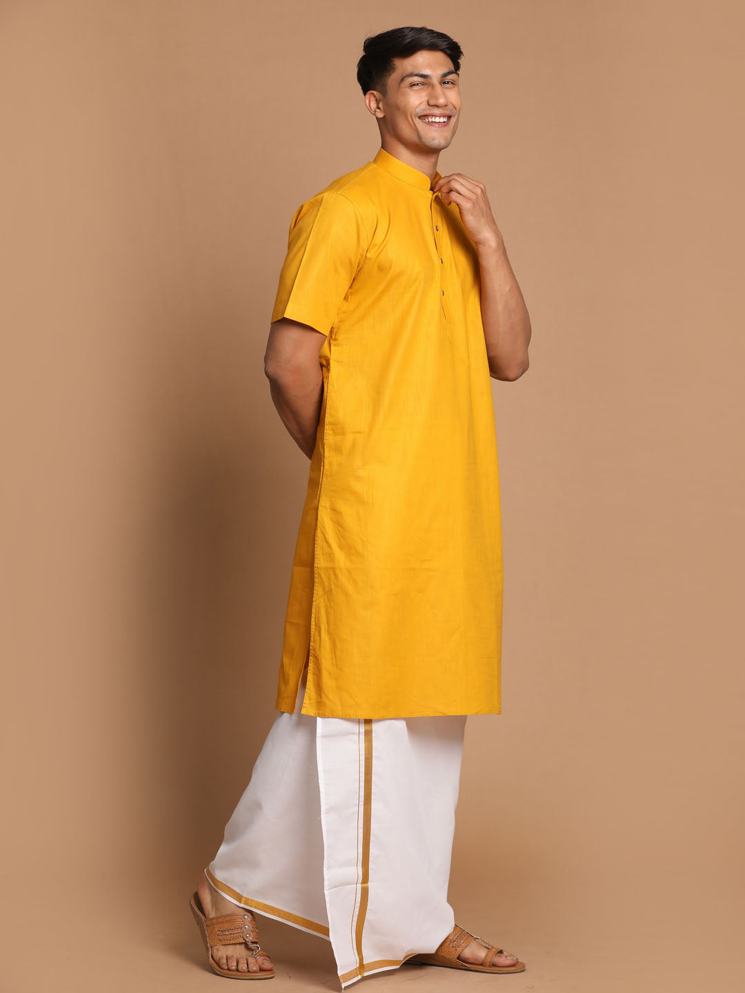 Sarvati Men's Mustard Cotton Kurta And Mundu Set