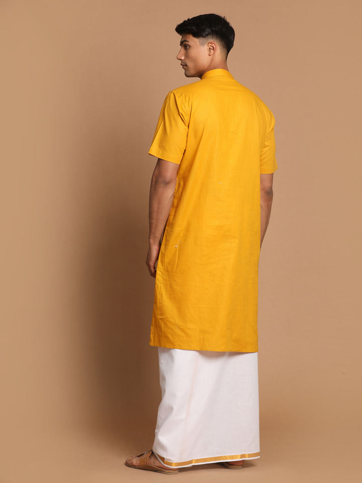 Sarvati Men's Mustard Cotton Kurta And Mundu Set