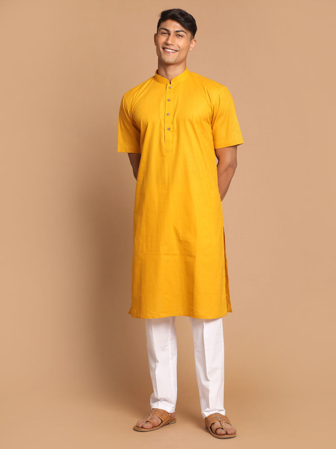 Sarvati Men's Mustard Solid Kurta with Pyjama Set