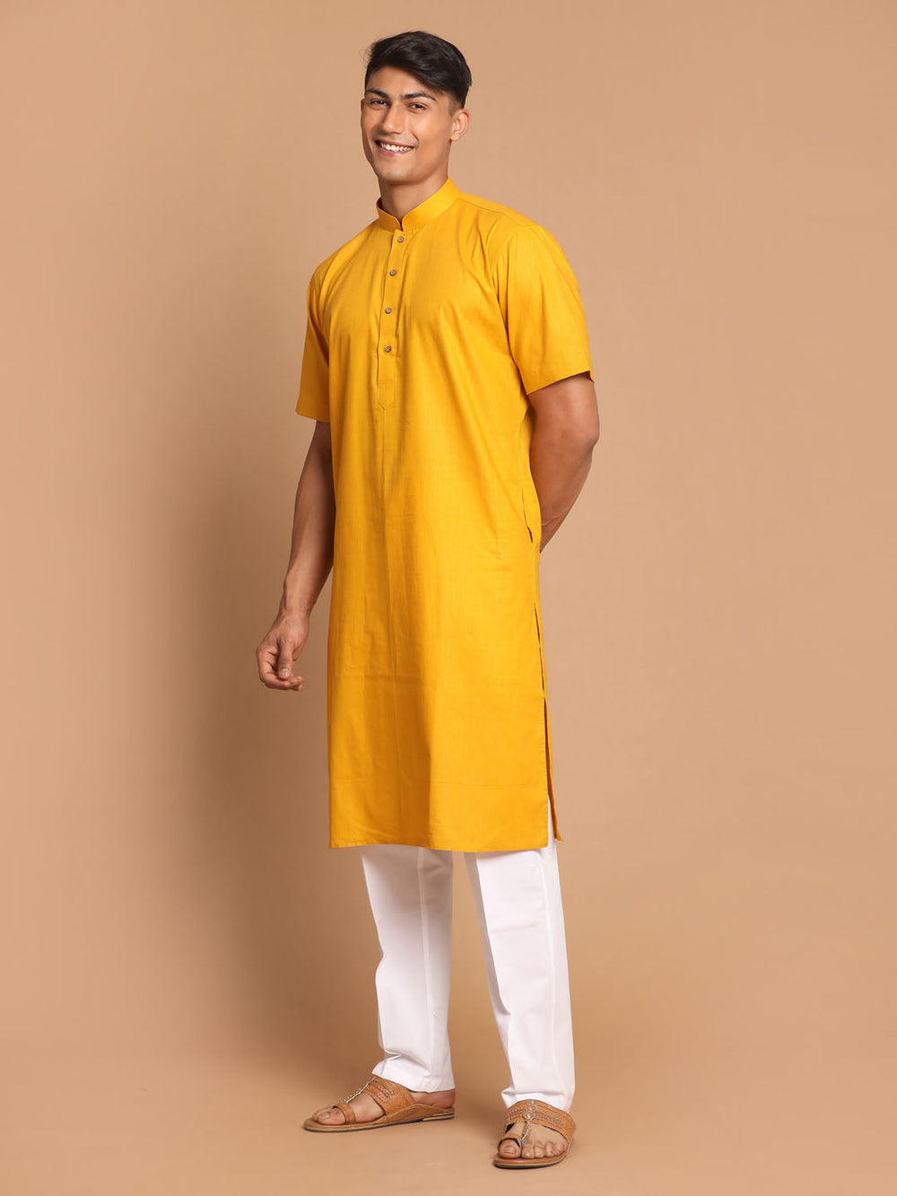 Sarvati Men's Mustard Solid Kurta with Pyjama Set