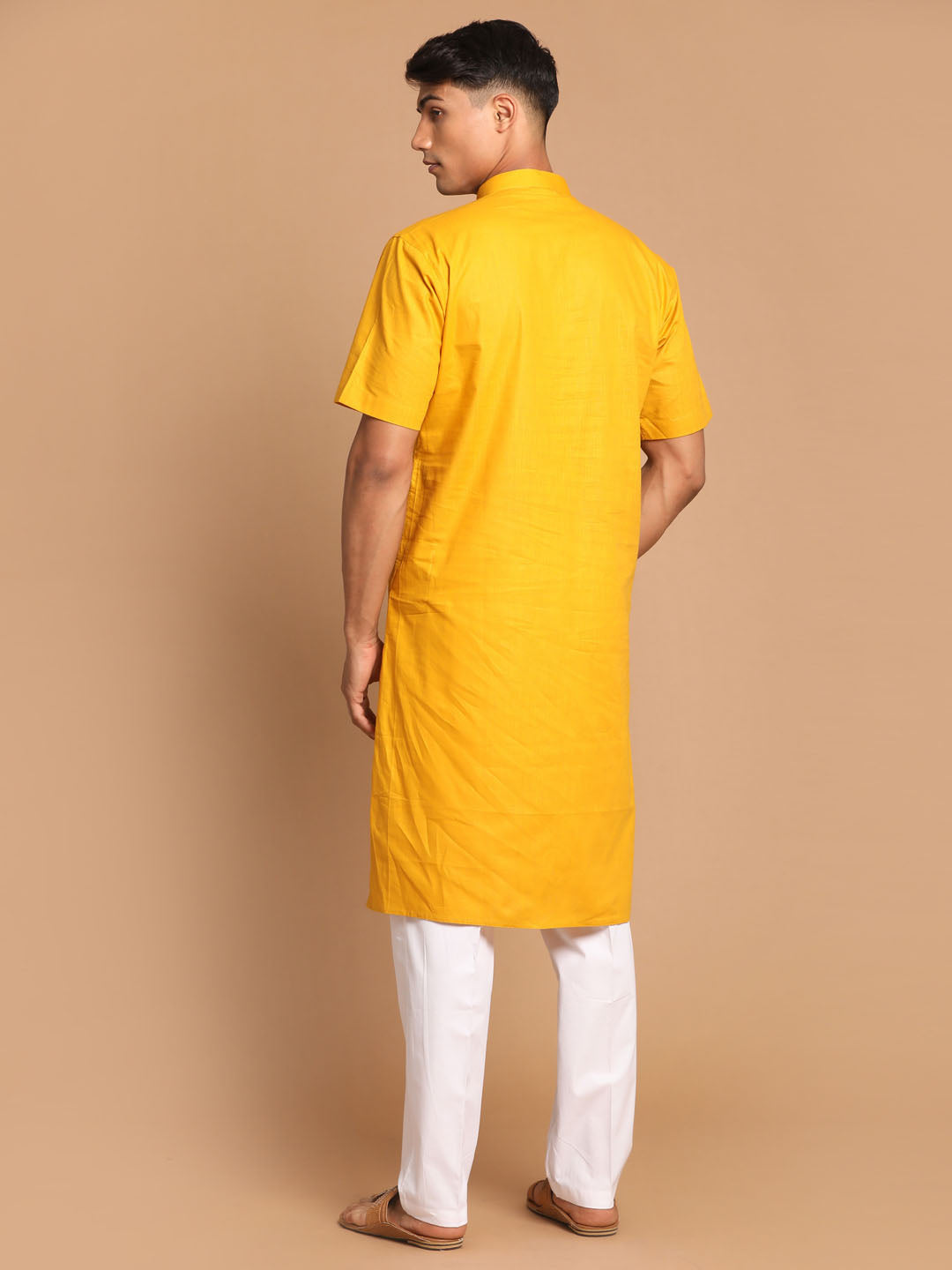 Sarvati Men's Mustard Solid Kurta with White Pant style Cotton Pyjama Set