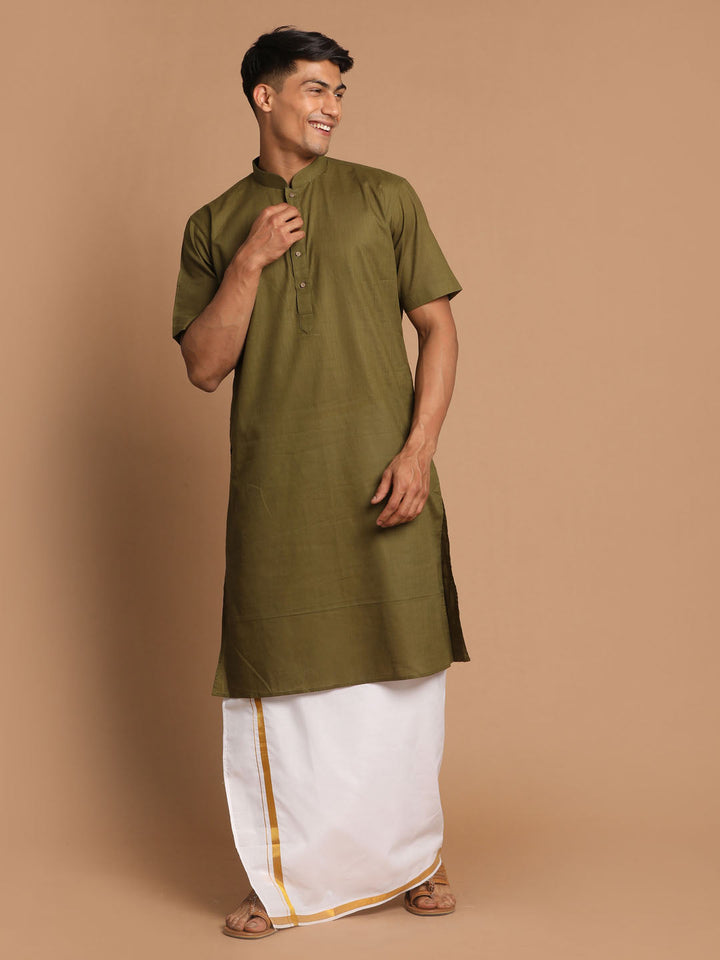 Sarvati Men's Olive Green Cotton Kurta And Mundu Set