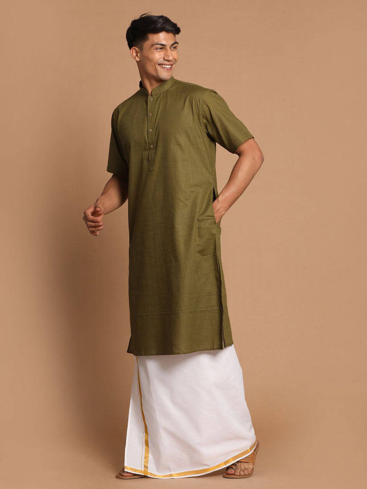 Sarvati Men's Olive Green Cotton Kurta And Mundu Set