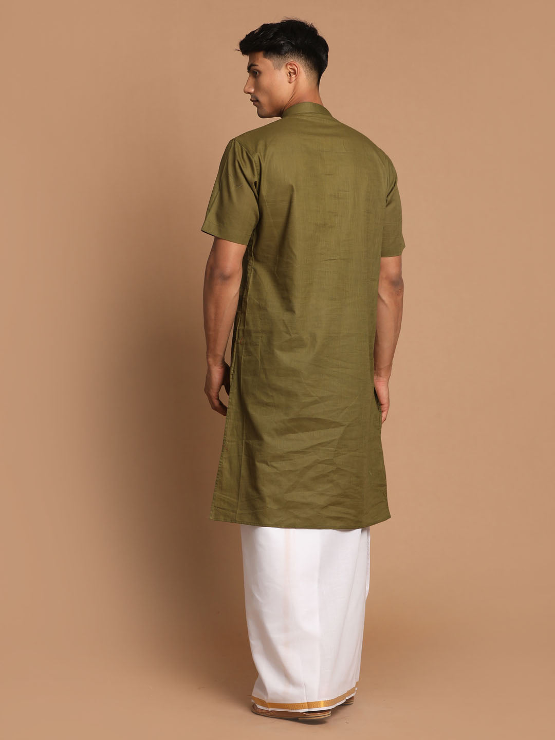 Sarvati Men's Olive Green Cotton Kurta And Mundu Set