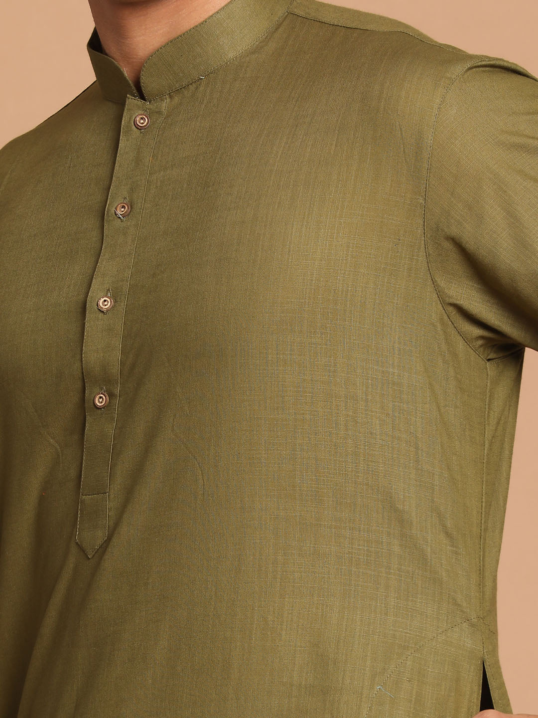 Sarvati Men's Olive Green Cotton Kurta And Mundu Set