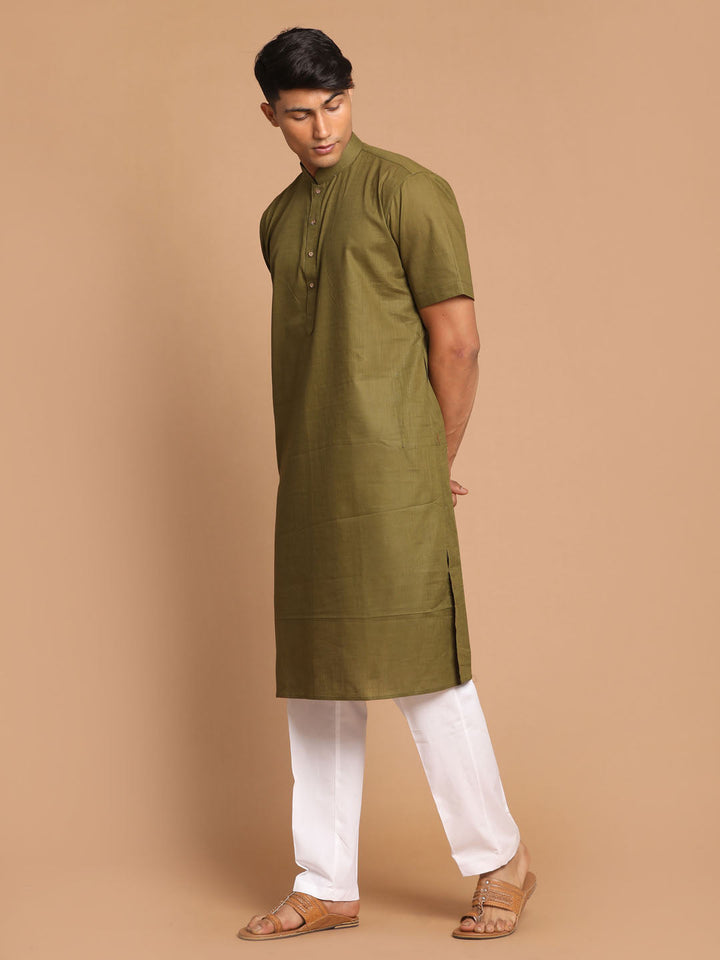 Sarvati Men's Olive Green Solid Kurta with Pyjamas