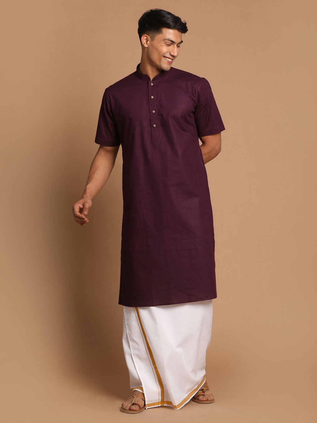 Sarvati Men's Purpple Cotton Kurta And Mundu Set