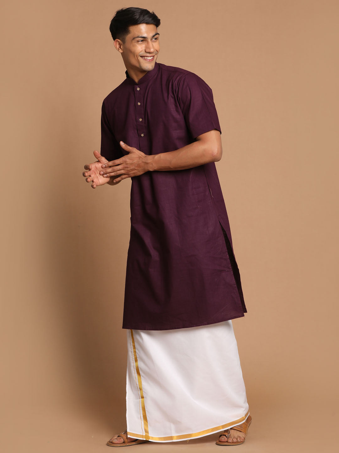 Sarvati Men's Purpple Cotton Kurta And Mundu Set