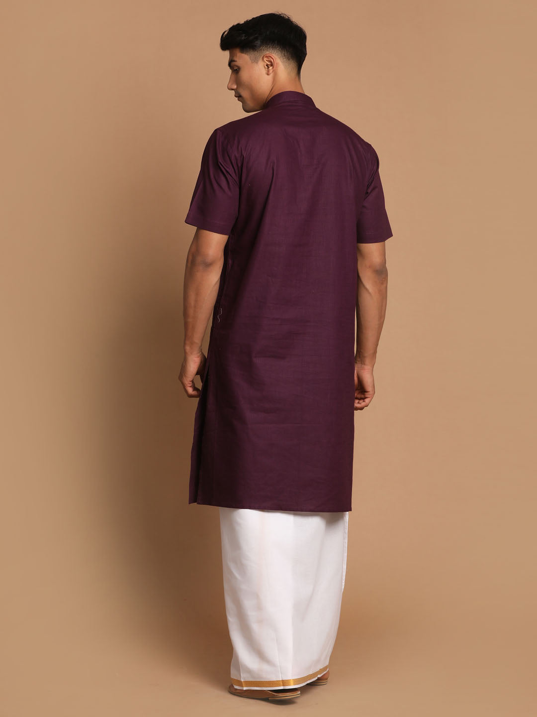 Sarvati Men's Purpple Cotton Kurta And Mundu Set