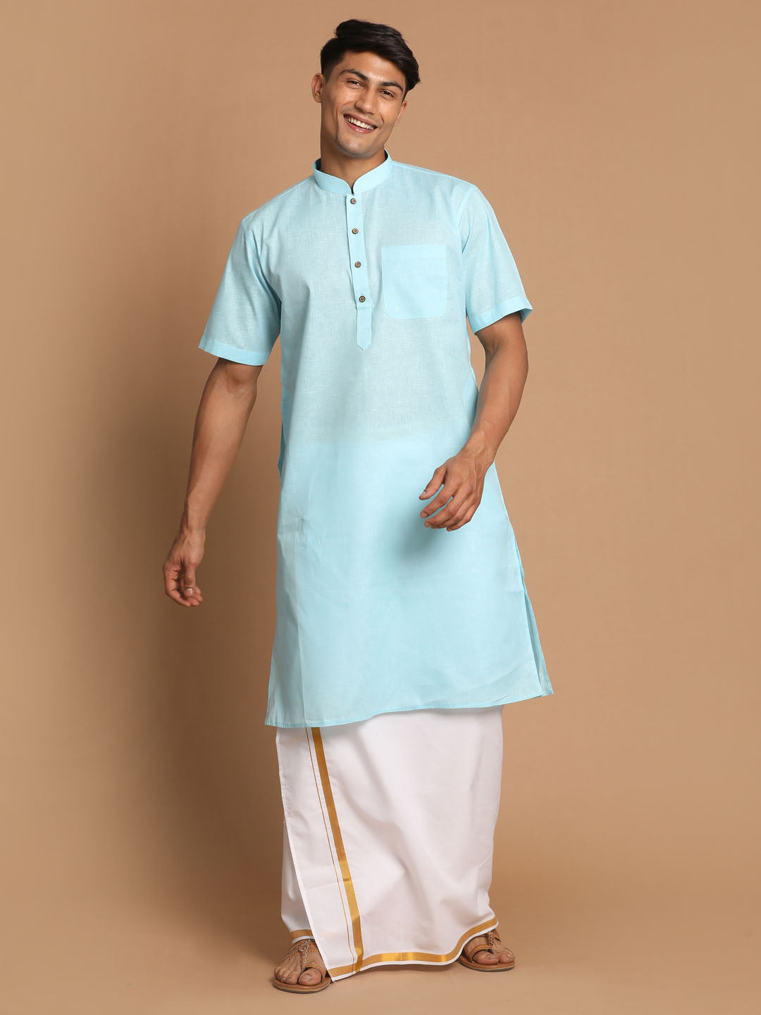 Sarvati Men's Aqua Blue Cotton Kurta And Mundu Set