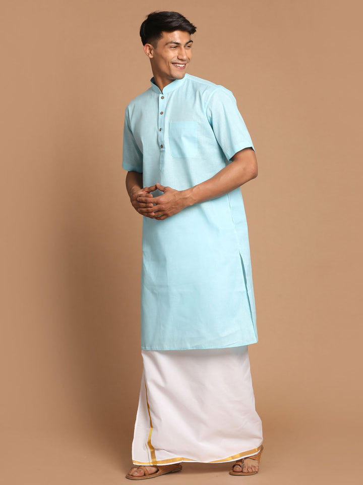 Sarvati Men's Aqua Blue Cotton Kurta And Mundu Set