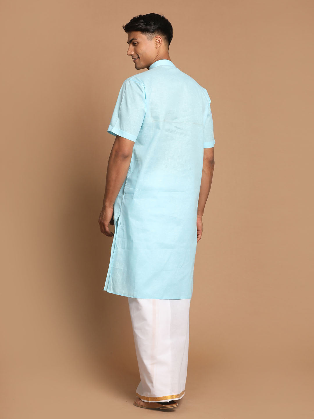 Sarvati Men's Aqua Blue Cotton Kurta And Mundu Set