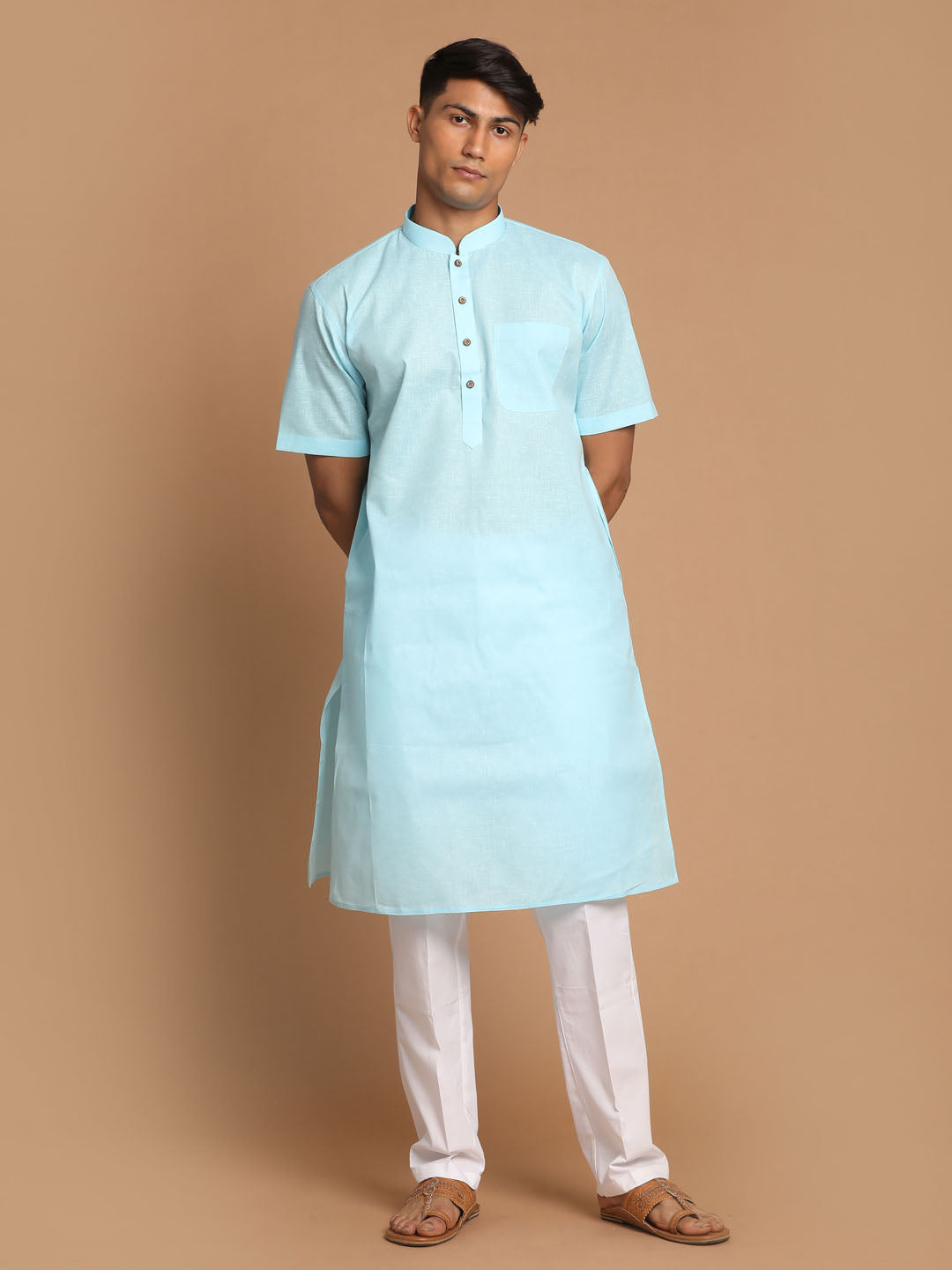 Sarvati Men's Blue  Solid Kurta with White Pyjama