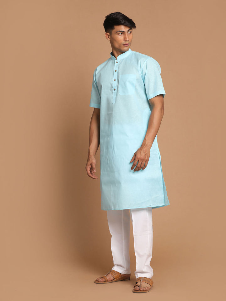 Sarvati Men's Blue  Solid Kurta with White Pyjama