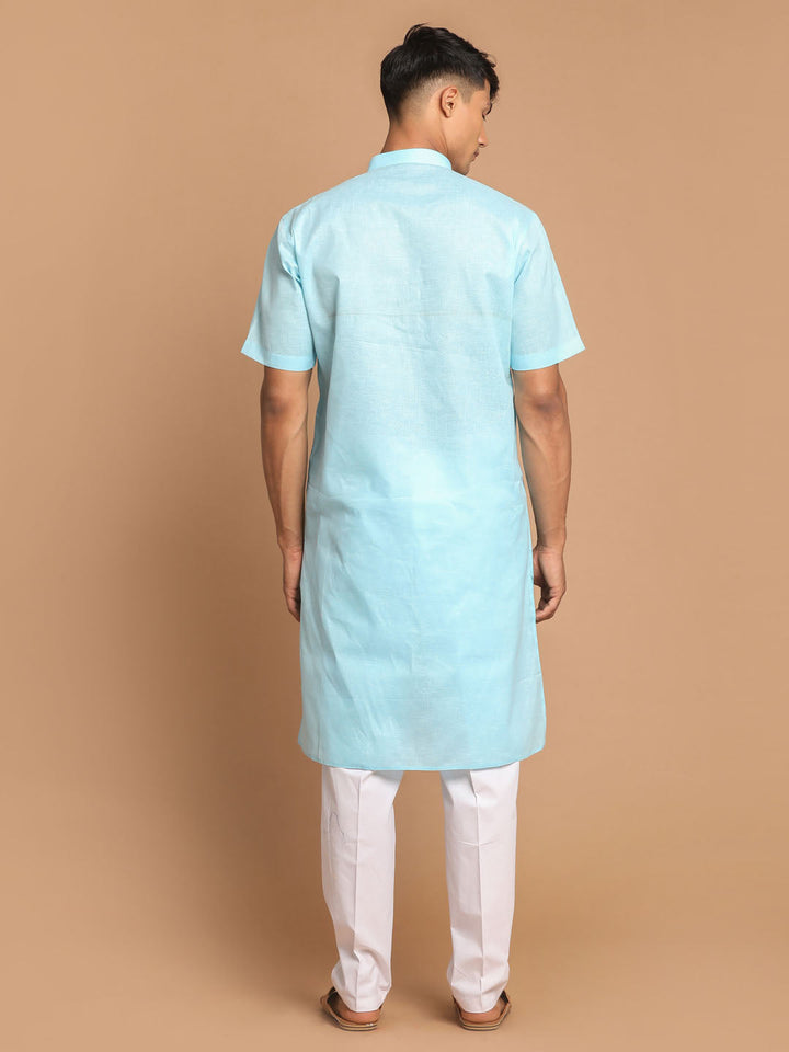 Sarvati Men's Blue  Solid Kurta with White Pyjama