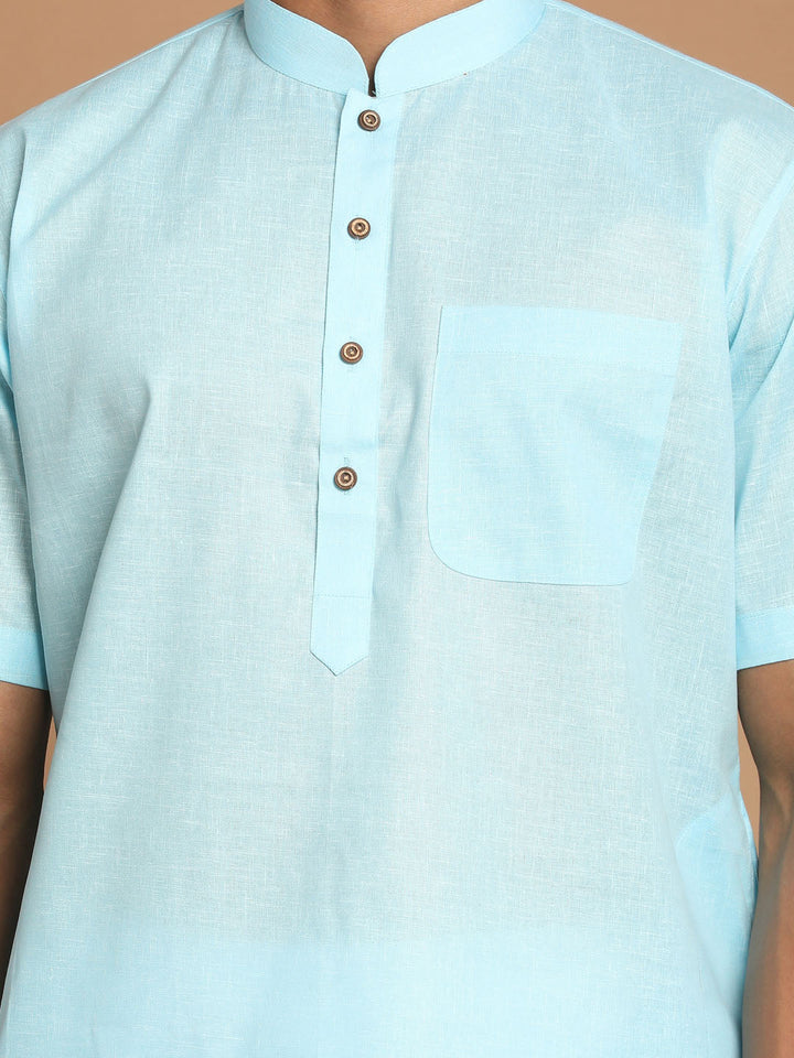 Sarvati Men's Blue  Solid Kurta with White Pyjama