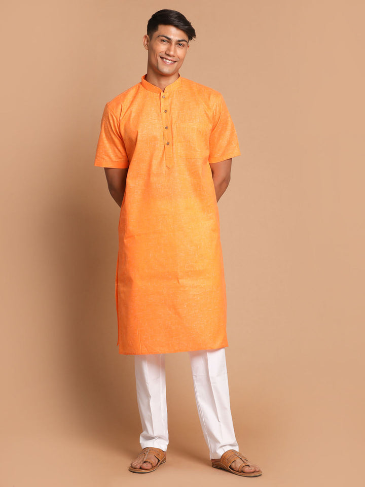 Sarvati Men's Orange Solid Kurta with White Pyjamas