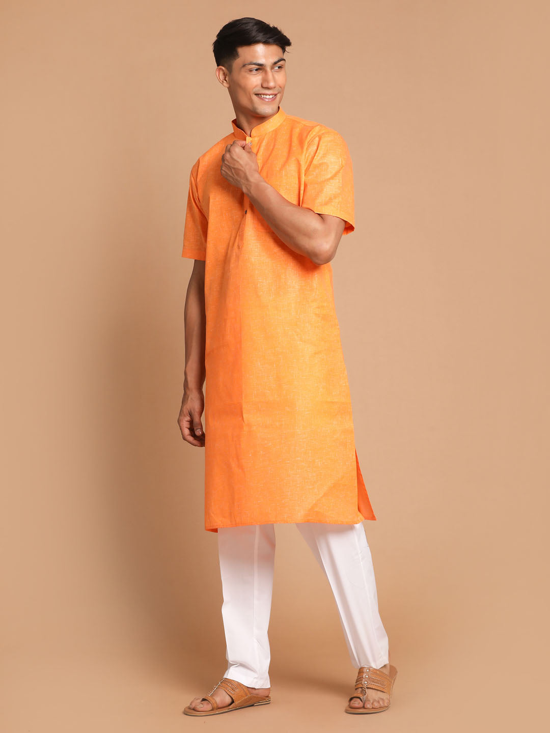 Sarvati Men's Orange Solid Kurta with White Pyjamas