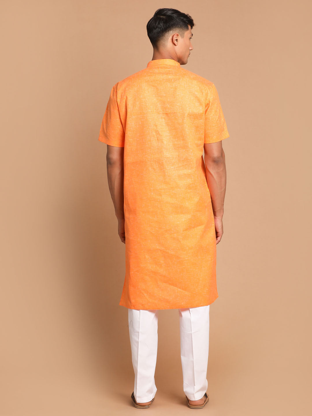 Sarvati Men's Orange Solid Kurta with White Pyjamas