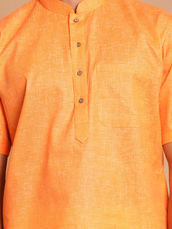 Sarvati Men's Orange Solid Kurta with White Pyjamas