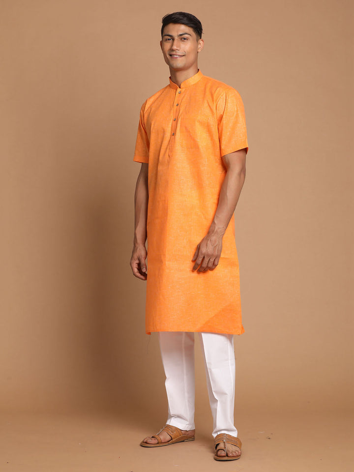 Sarvati Men's Orange Solid Kurta with White Pant style Cotton Pyjama Set