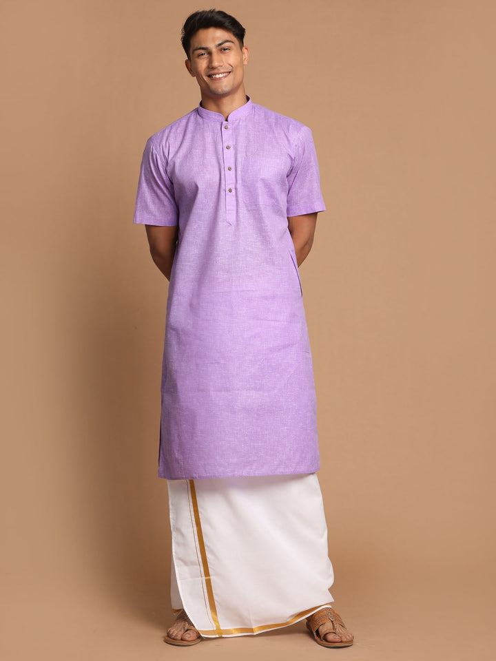 Sarvati Men's Purple Cotton Kurta And Mundu Set