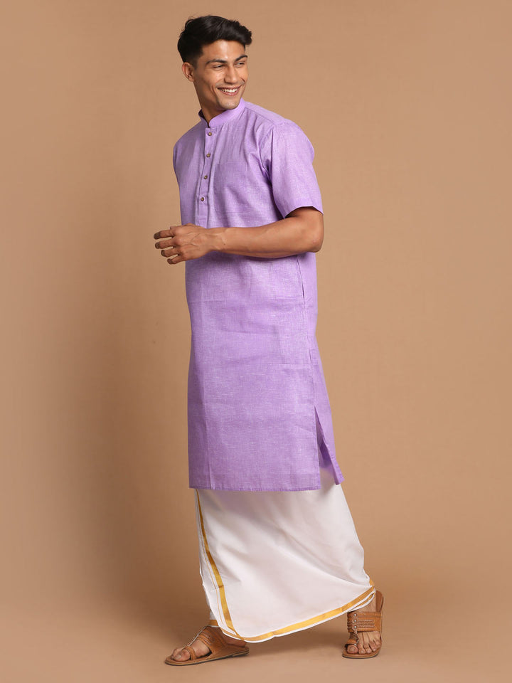 Sarvati Men's Purple Cotton Kurta And Mundu Set