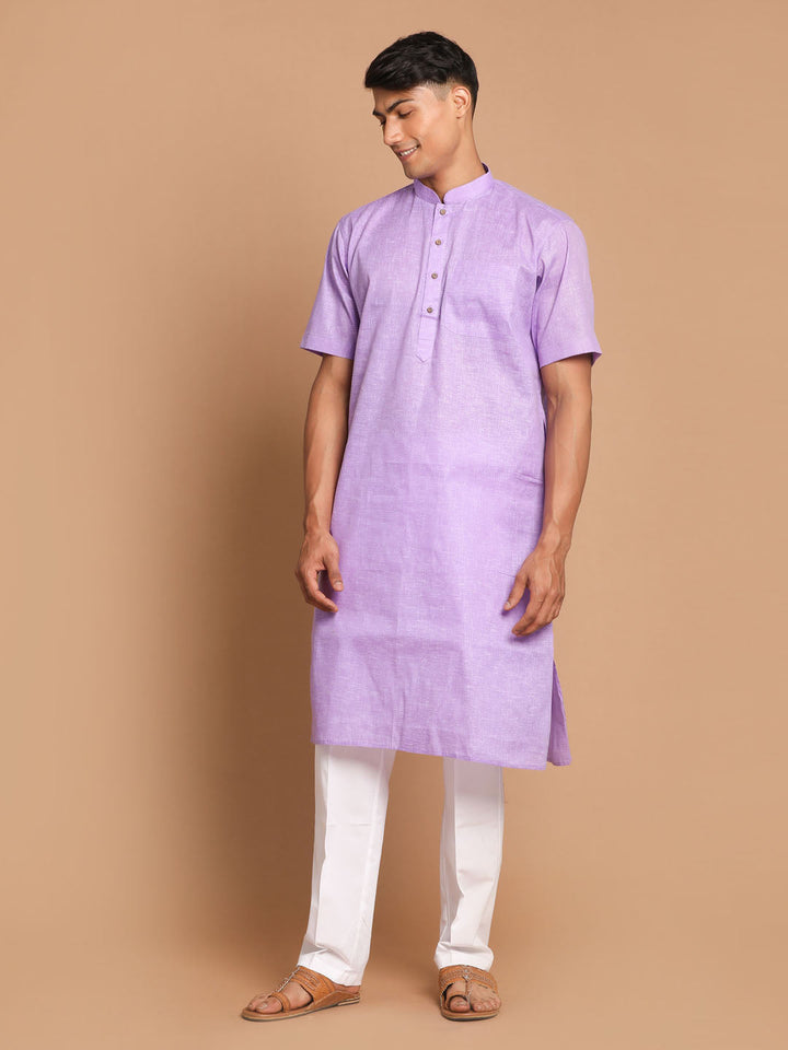 Sarvati Men's Purple Solid Kurta with White Pyjama Set