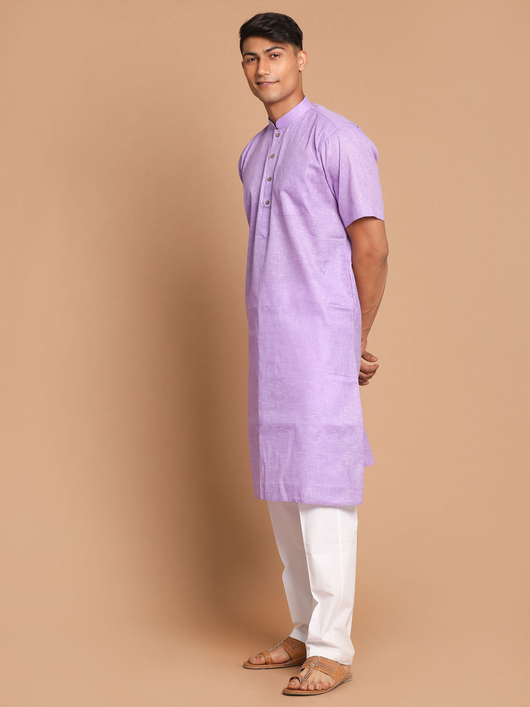 Sarvati Men's Purple Solid Kurta with White Pyjama Set