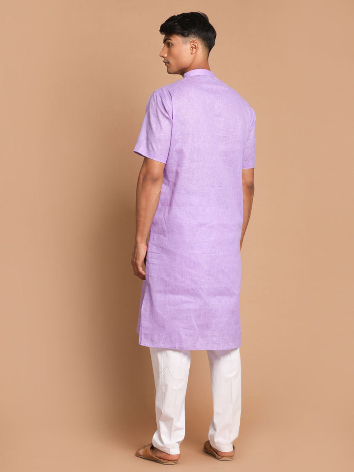 Sarvati Men's Purple Solid Kurta with White Pyjama Set