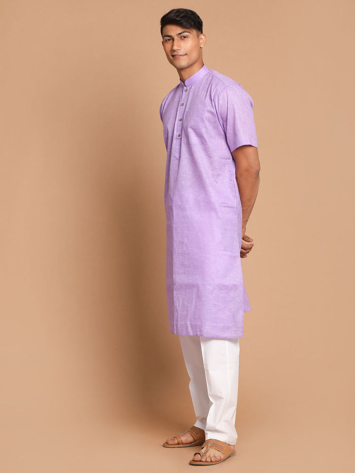 Sarvati Men's Purple Solid Kurta with White Pant style Cotton Pyjama Set