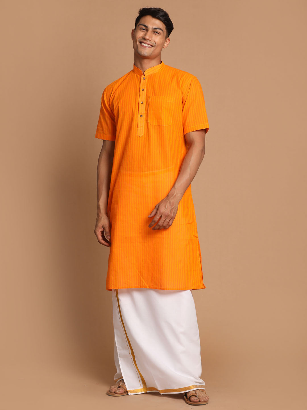 Sarvati Men's Orange Striped Cotton Kurta And Mundu Set