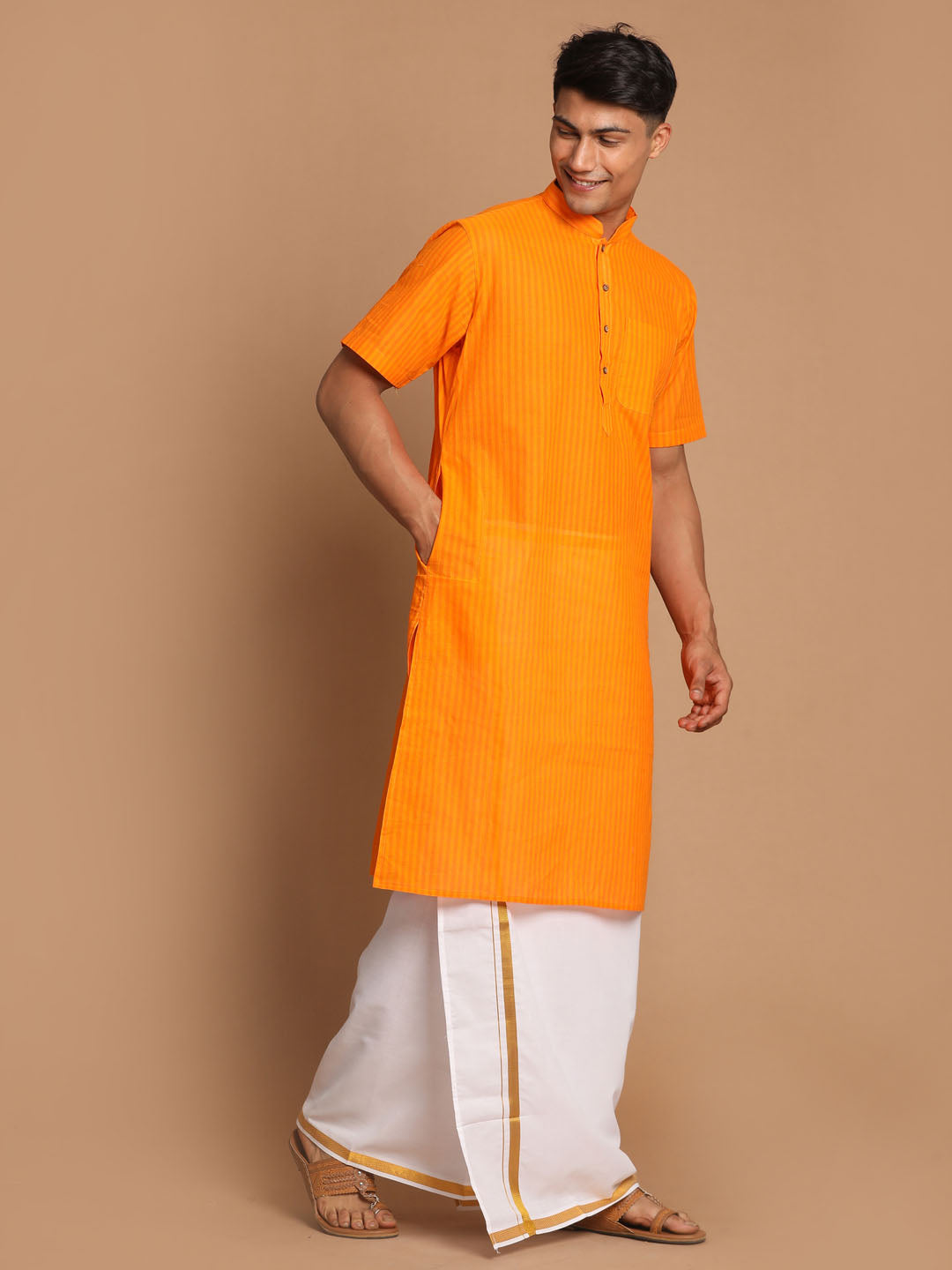 Sarvati Men's Orange Striped Cotton Kurta And Mundu Set