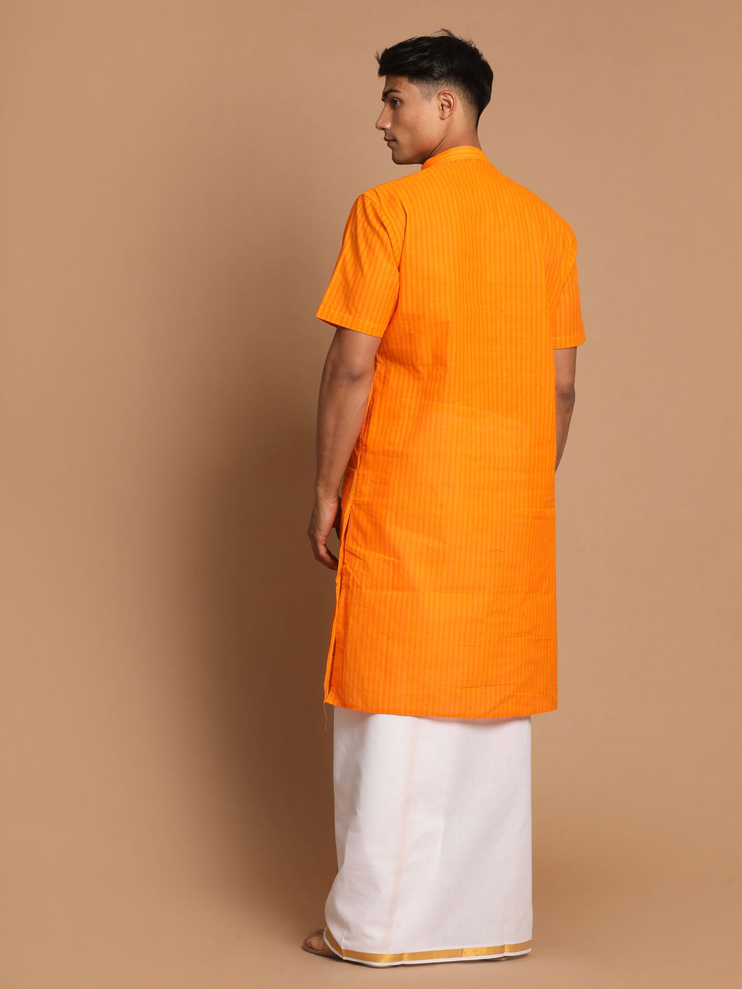 Sarvati Men's Orange Striped Cotton Kurta And Mundu Set